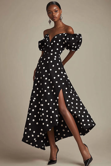 Off The Shoulder Black White Polka Dot Formal Dress with Slit